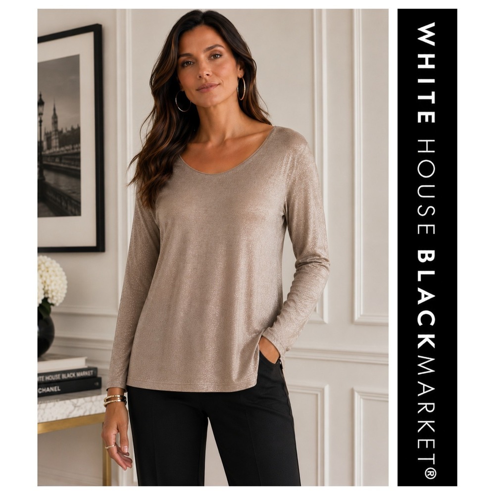WHBM Taupe Metallic Gold Shimmer Long Sleeve Classic Minimalist Capsule Top M